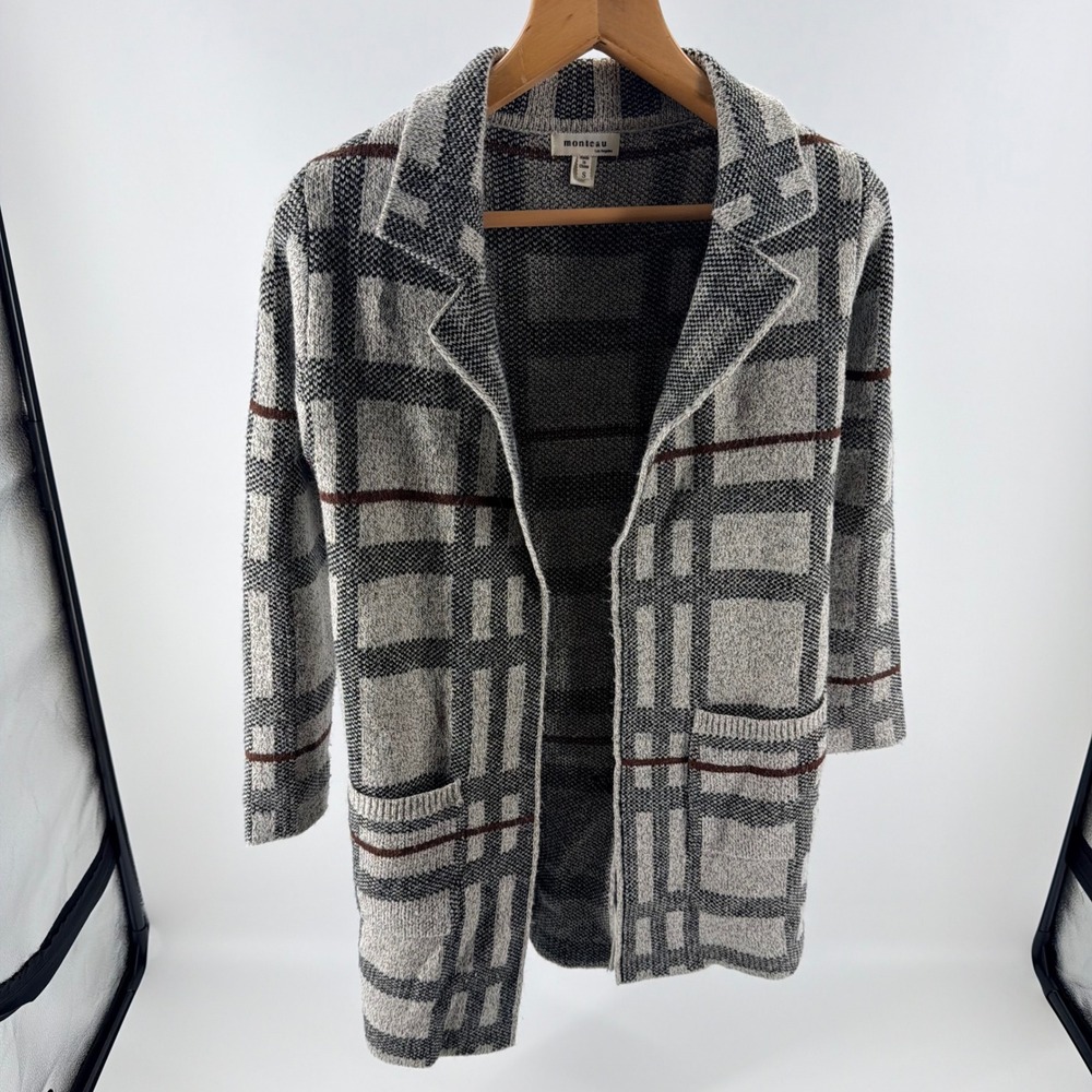 Monteau Los Angeles Grey Plaid Longline Open Front Cardigan Sweater Coat- Small